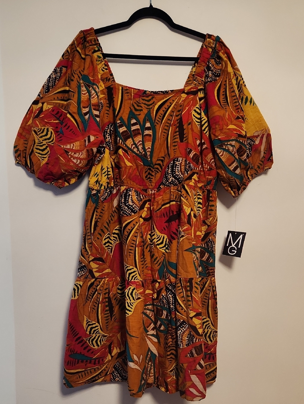 Mlle Gabrielle Tropical Print Puff-Sleeve  Tiered Midi Dress Plus 2X